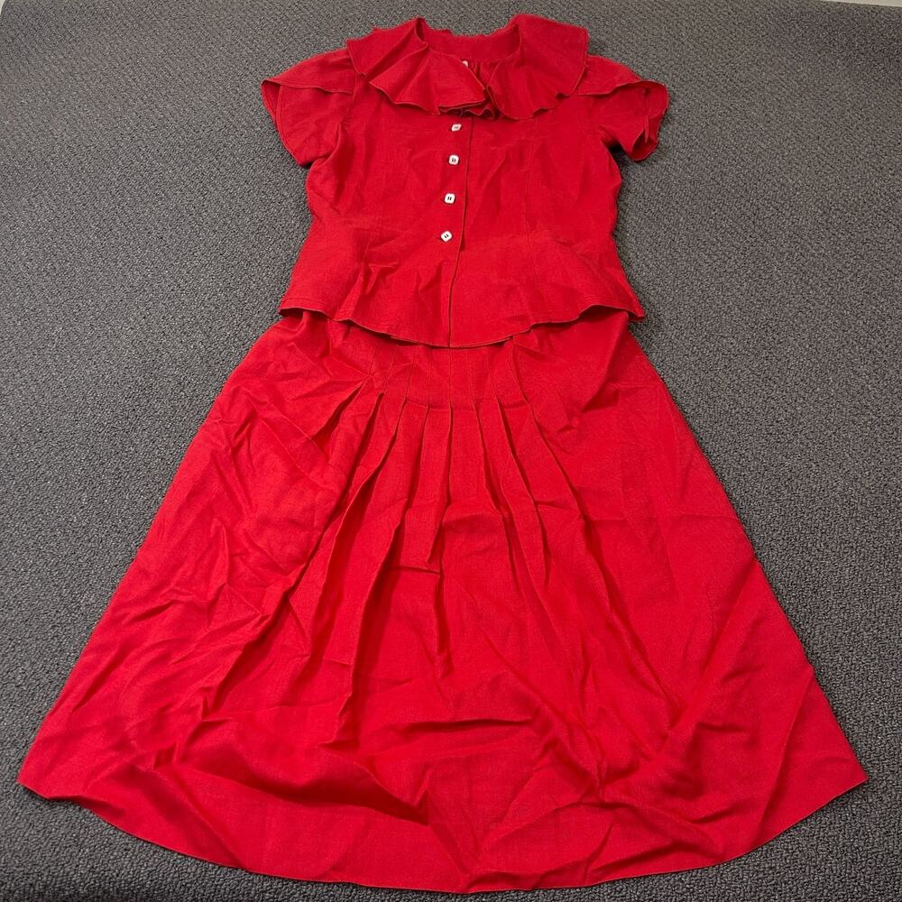 Blair Woolverton Womans Vintage Red Skirt and Top Blouse No Size or Material Tag